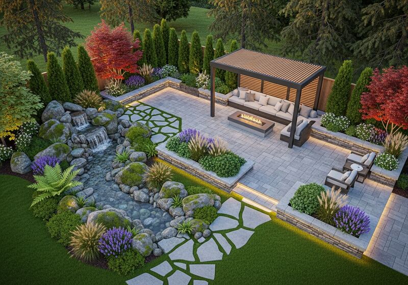 A photorealistic 3D rendering of a Pacific Northwest backyard with a waterfall, flagstone paths, pergola, fire table, and layered plantings.