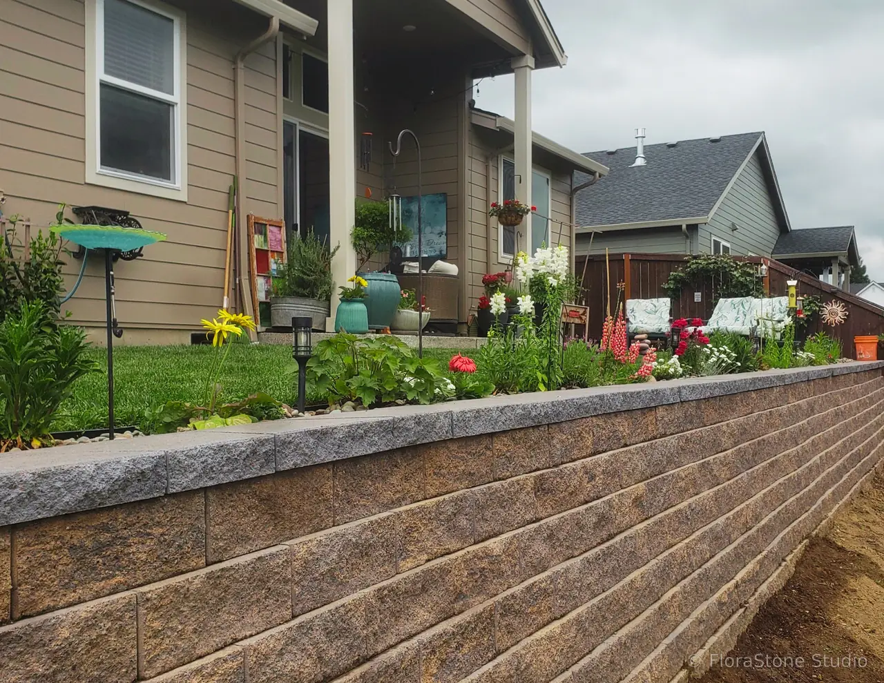 Modular Block Retaining Wall, with new sod and plantings